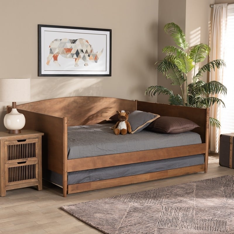 Baxton Studio MG0016-ASH WALNUT-FULL DAYBED WITH TRUNDLE